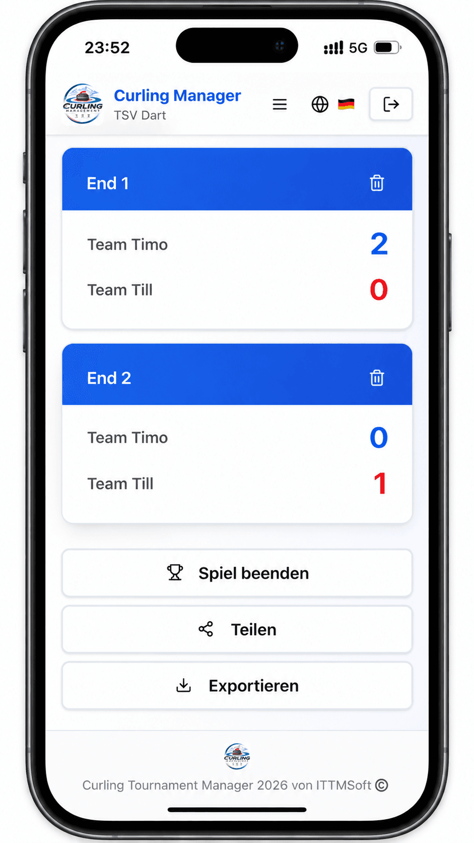 Curling Manager auf dem Smartphone mit End-Erfassung