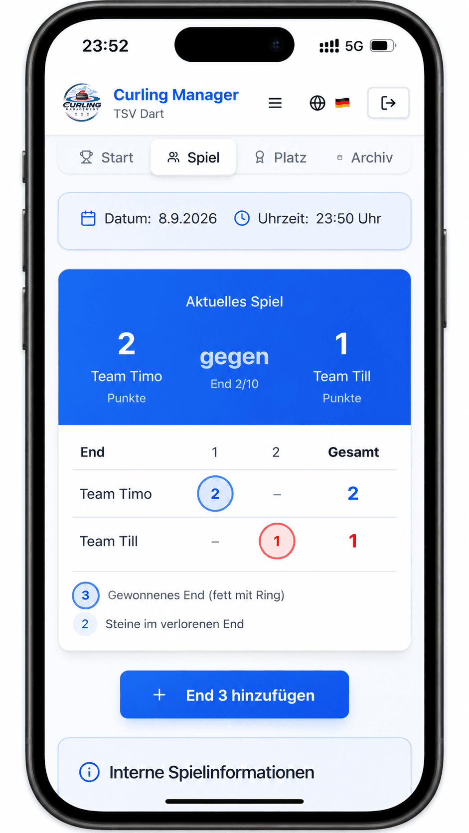 Curling Manager auf dem Smartphone mit SpielĂĽbersicht